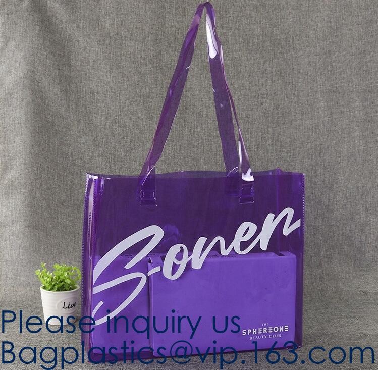 Transparent PVC Blanket Bag/Plastic Shopping Bag/Packaging Bag With Black Woven Trim And Webbing Handle, bagease, packag