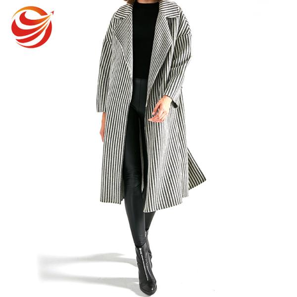 Quality Long Section Stripe Ladies Grey Wool Coat Windproof No Button Closure OEM Service for sale