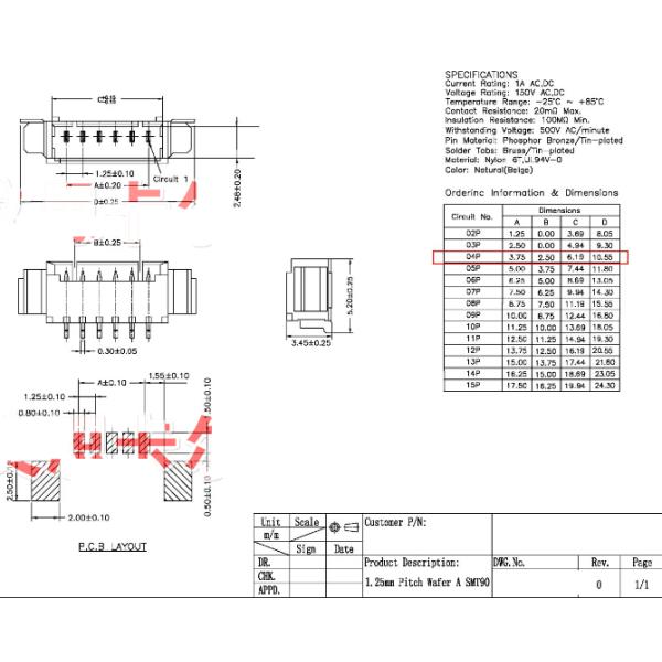 Replacement 53261 1.25mm Pitch Header Surface Mount Right Angle Wire to Board Connector