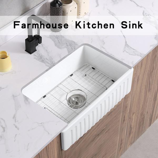 Quality Rectangular White Ceramic 24 Inch Farmhouse Sink Single Bowl With Grid And Strainer for sale