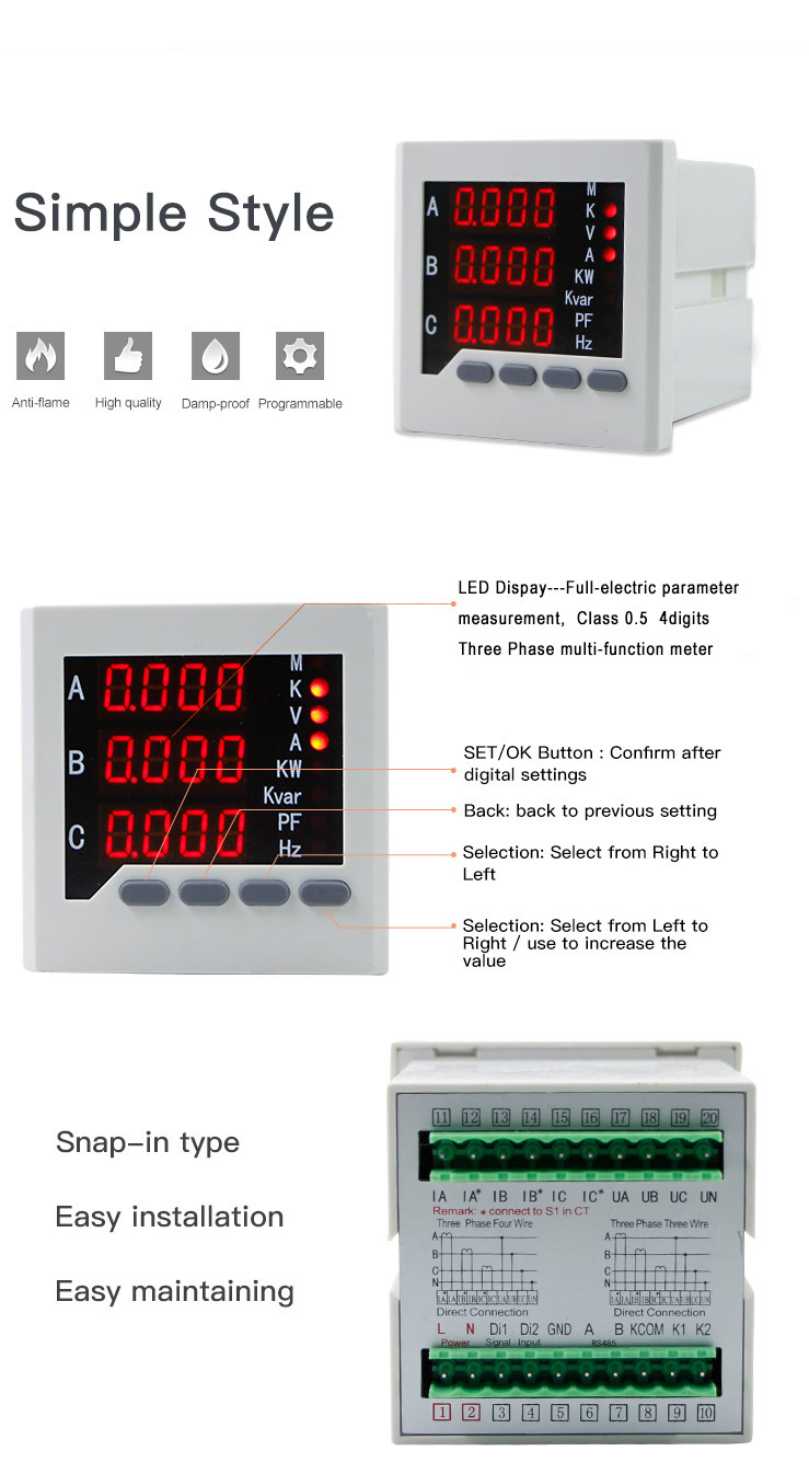 3 phase 220 watt digital power meter rs485 current voltage frequency meter