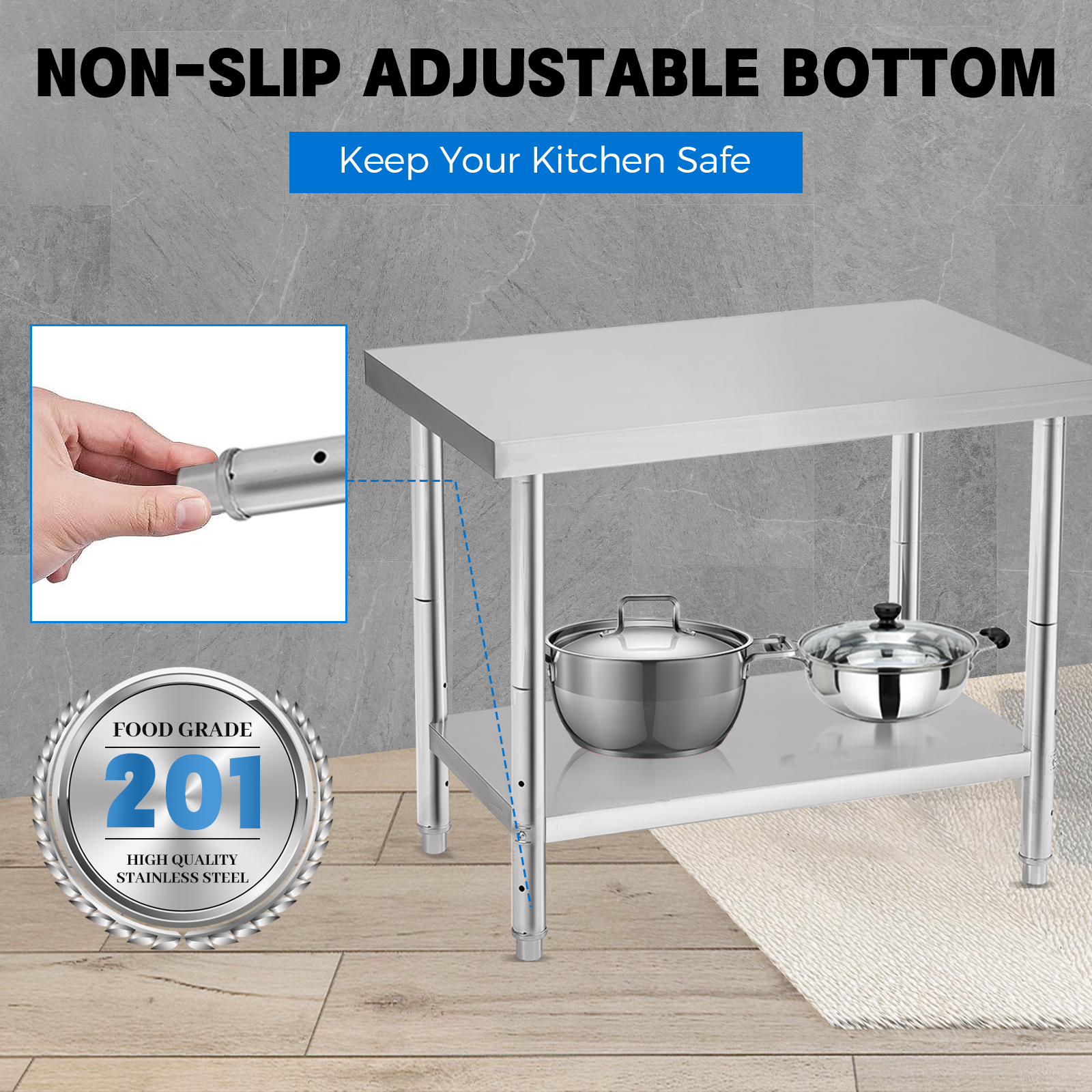 Customizable Stainless Steel Workbench with Adjustable Height Legs, Corrosion Resistance, and Heavy-Duty Capacity for Commercial Kitchens