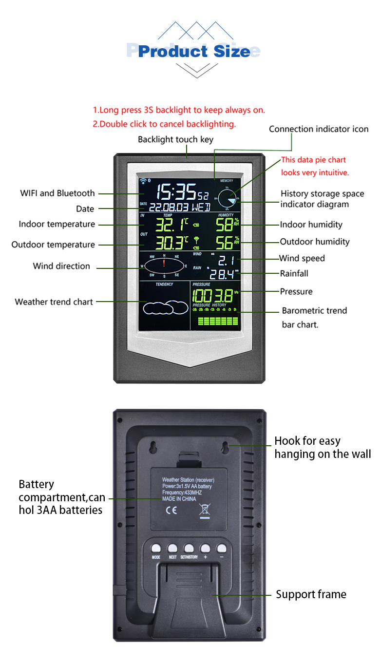Household Wireless Weather Station With Solar Color Screen Temperature And Humidity Sensor