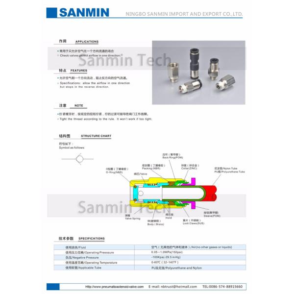 PCVC Check Valve Pneumatic Air One Way Non Return Valves Brass Thread Push In Fitting Sanmin