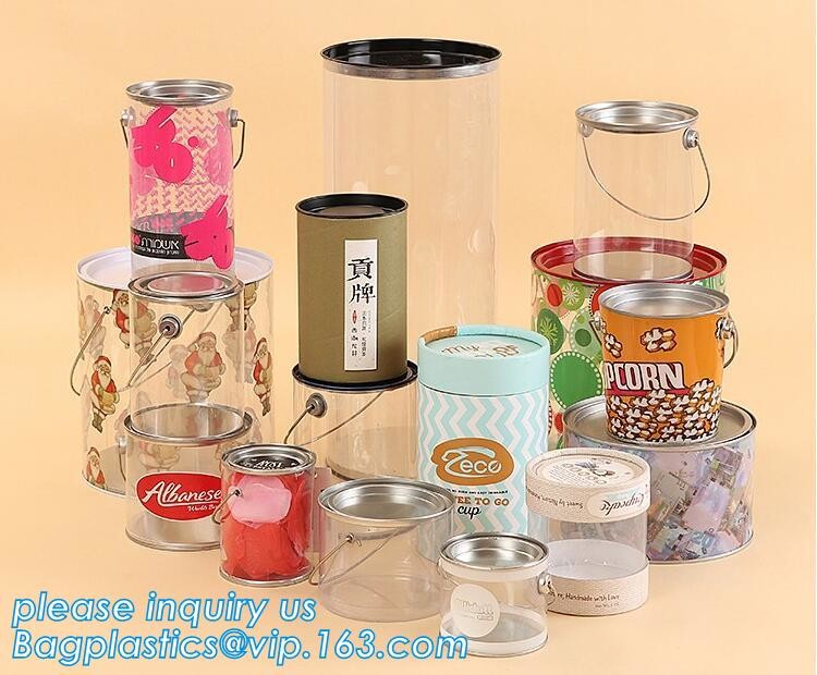 clear PVC PET can for food canning,Customized round clear paint can with tin lid,paint can with tin top & bottom and han