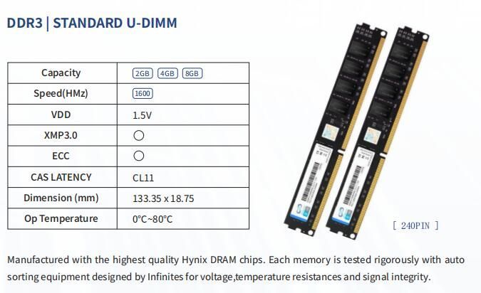 DDR3 240pin 4GB 1600MHz Udimm PC-12800 1.35V Non Ecc Gen 3 Memory Consumer Garde Memory Module