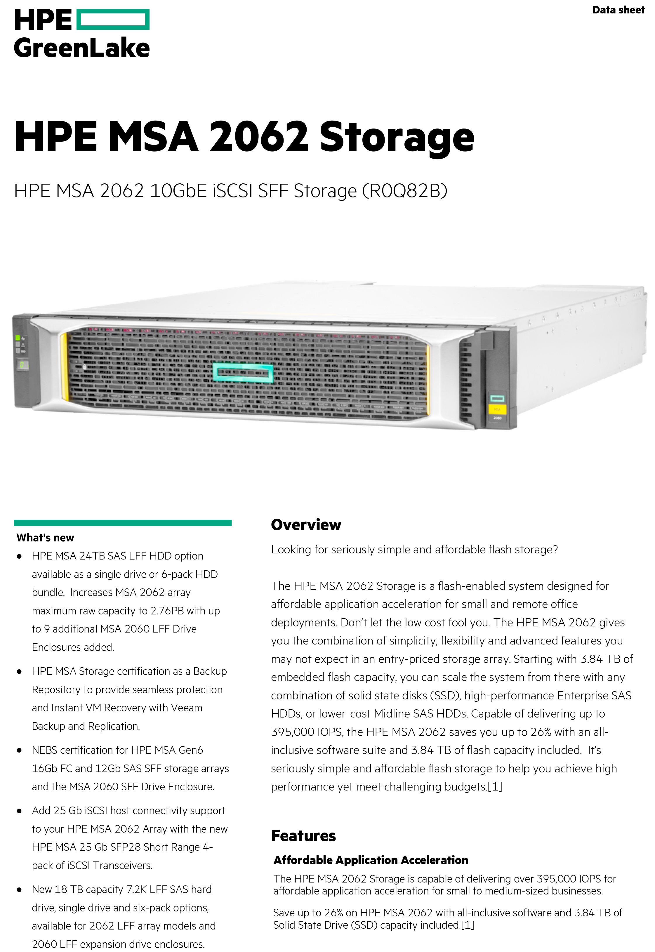 MSA 2062 SAN Storage 10GbE iSCSI Dual Controller SFF Array