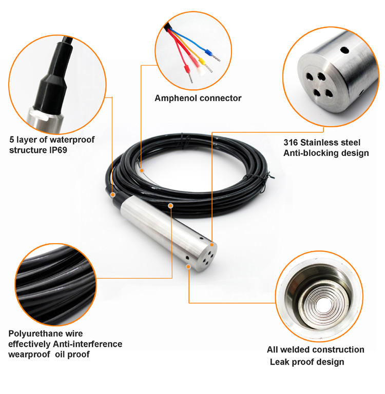 Throw In Type Ceramic Capacitive Liquid Level Sensor Sewage Pressure Level Transmitters