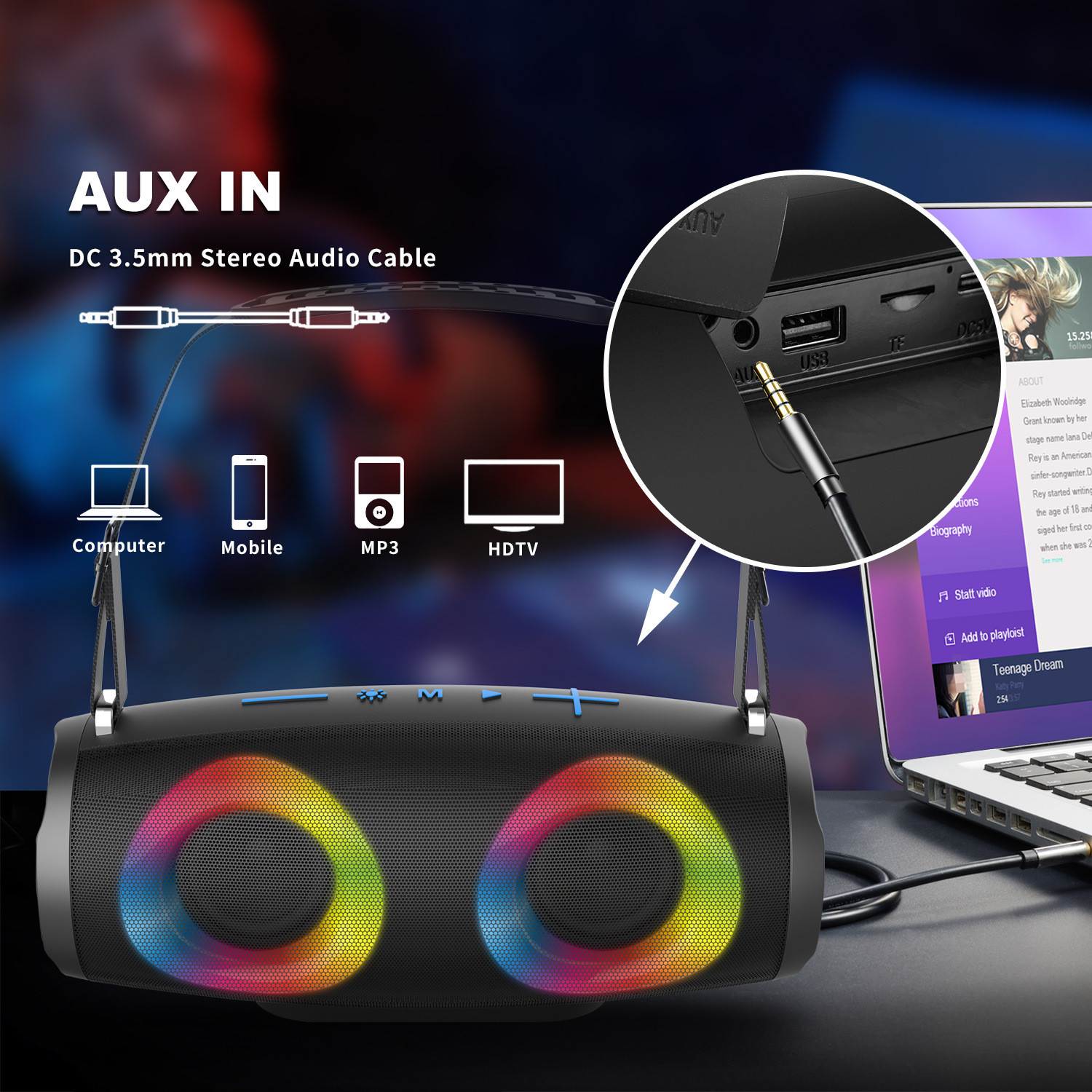 RGB Battery Powered Wireless Portable Bluetooth Speakers With Aux Input TF Card