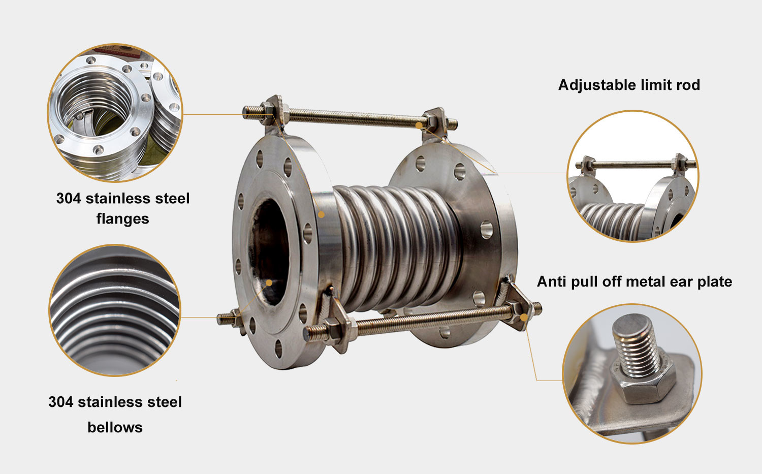 Non Welded Pipe Bellows Expansion Joint Elastic Compensation With Control Rods