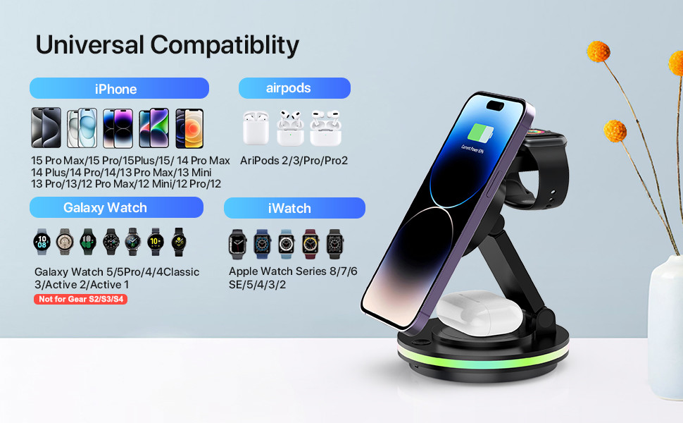 15W Fast Charger Foldable Wireless Charger Station Compatible with iPhone 15 14 13 12