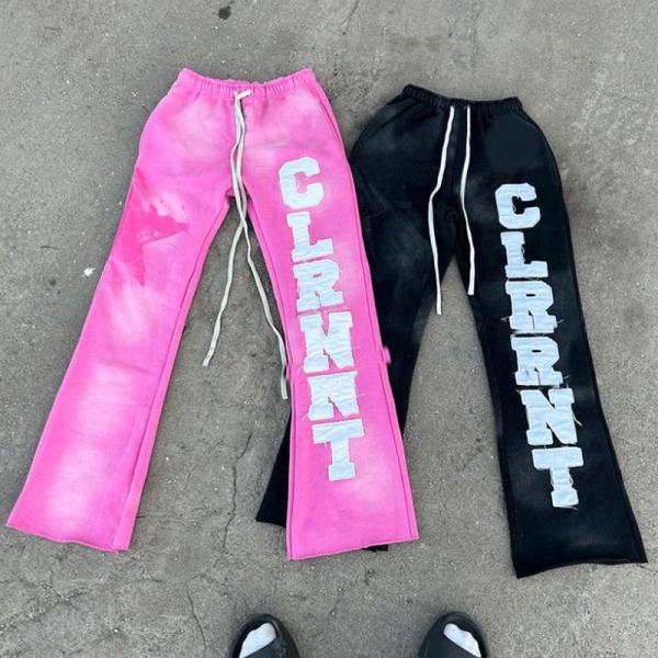 Quality Custom Logo Bulk Applique Graphic Embroidered Patches Stacked Flare Sweat Pants Acid Wash Mens Jogger Flared Cargo Pants for sale