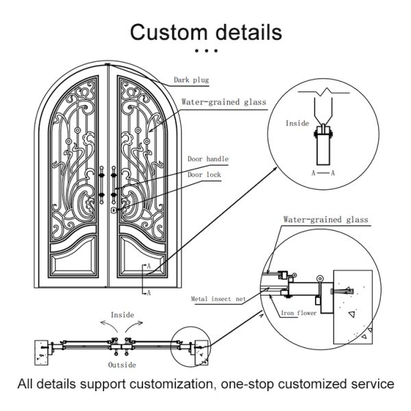 China Patio Single Pocket Double Door Main House Entry Entrance Wrought Iron Door with Elegant Decorative Design