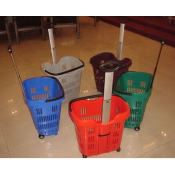 Pulling Plastic Telescope Handle Shopping Basket With Two Wheels