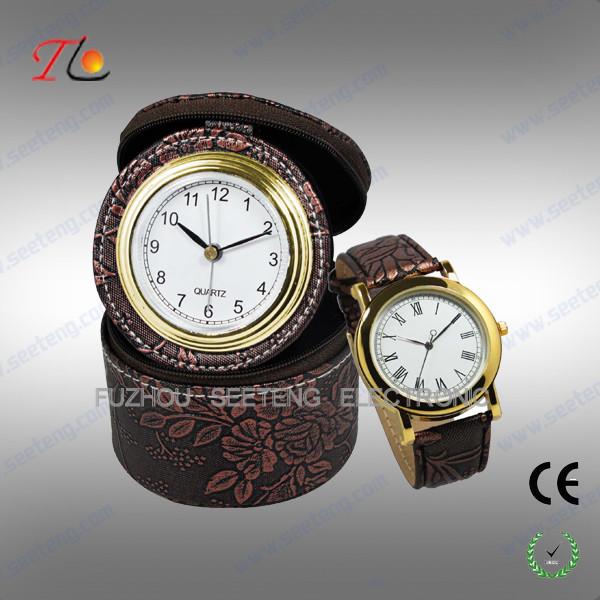 Quality Elegant classic travel PU leather desk clock and watch gift set for promotion for sale