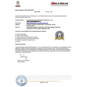 Yueyang Shengang Lifting Electromagnet Co.,Ltd Certifications