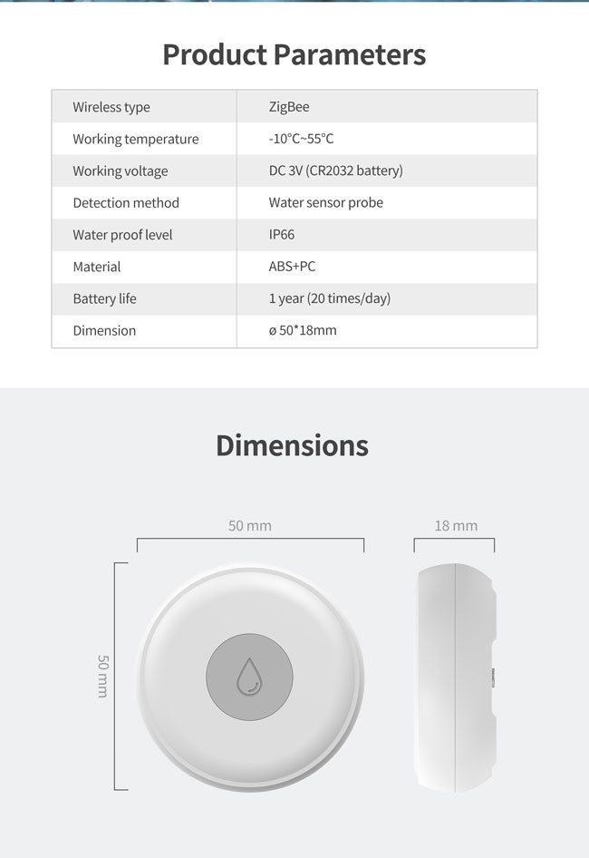 IP65 Waterpoof Tuya zigbee water leak sensor CR2032 Battery Powered