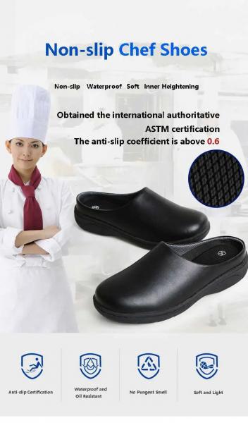 Casual Black Lightweight Nurse Shoes Non Slip Rubber Sole Slippers Waterproof Cowhide Leather Chef Shoes