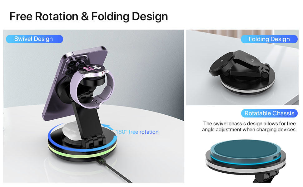 15W Fast Charger Foldable Wireless Charger Station Compatible with iPhone 15 14 13 12