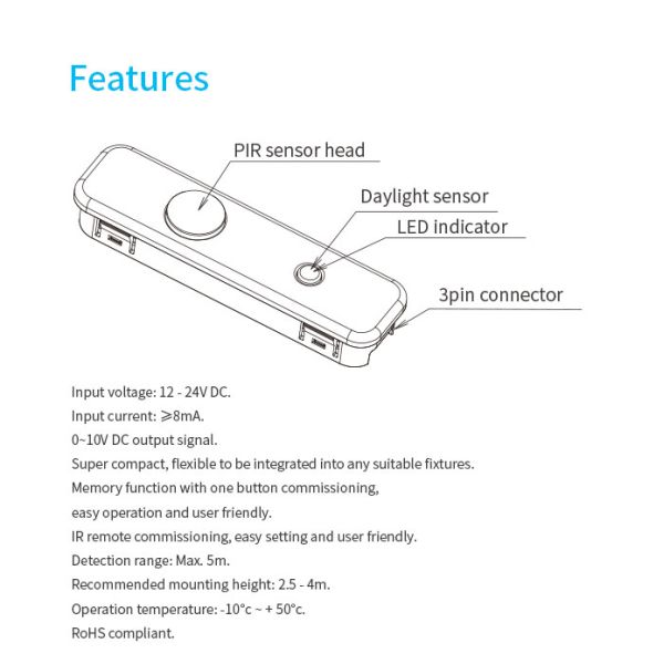 HNS135PIR 0 - 10v Dimming Small PIR Dimmable Motion Sensor For Troffer / LED Panel