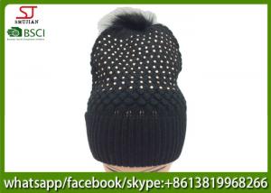 China Chinese manufactuer free faux fur pompom knitting stripe hat  cap  patterns beanie 75g 18*24cm 100%Acrylic keep warm wholesale