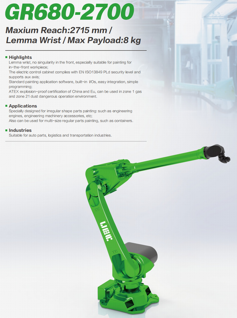 Painting Robots For Irregular Shape Parts In Auto Parts Logistics Transportation Industries GR680-2700 Payload 8kg