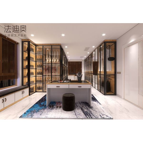 Robust Expansive Stainless Steel Open Walk In Closet With Glass Doors