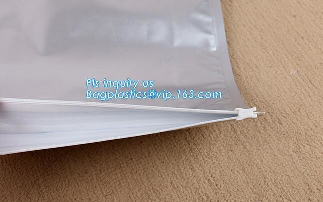 quad seal bottom and bottom load metallized film slider zipper packaging bag, Metal Zipper Printing PVC Slider Bags