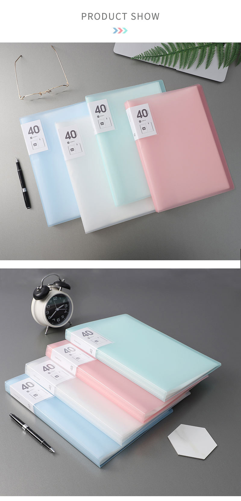 40 Pages Candy Color Binder Folder A4 Size Display Book PP Clear Pocket Conference File Folder