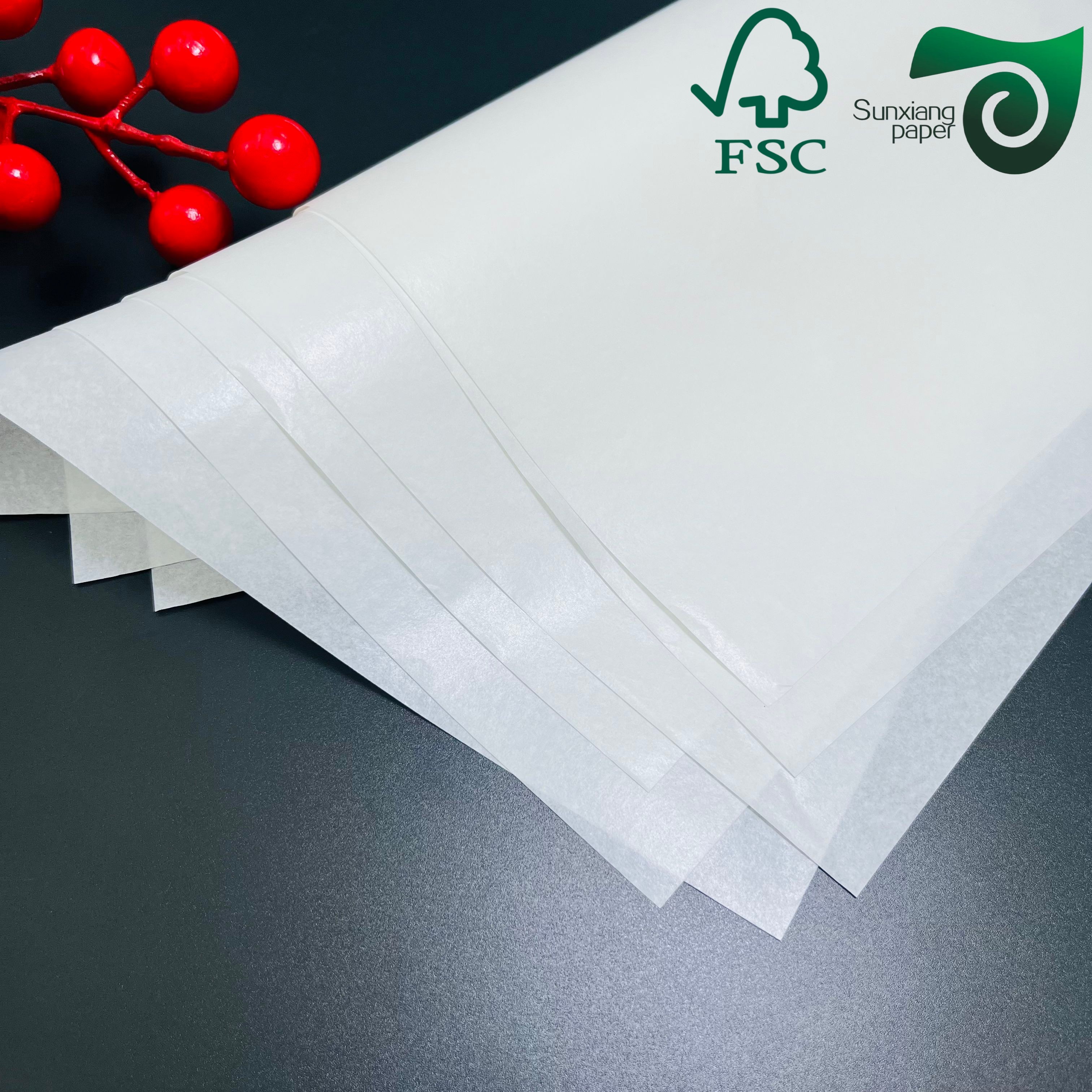FSC 40gsm 50gsm Jumbo Roll Grease Proof Paper With Easy Slip Property Kit Sizes 3 5 7