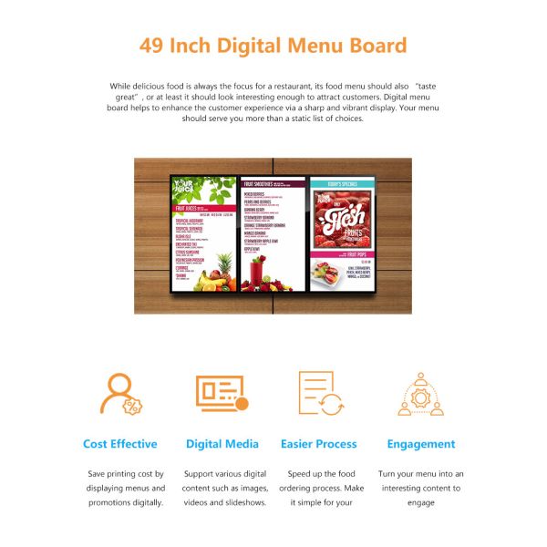 700 Nit 49 Inch Lcd Menu Board For Restaurant