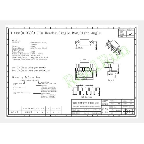 Single Row PA6T 1.0mm Pitch 1x20P Pin Header Connector