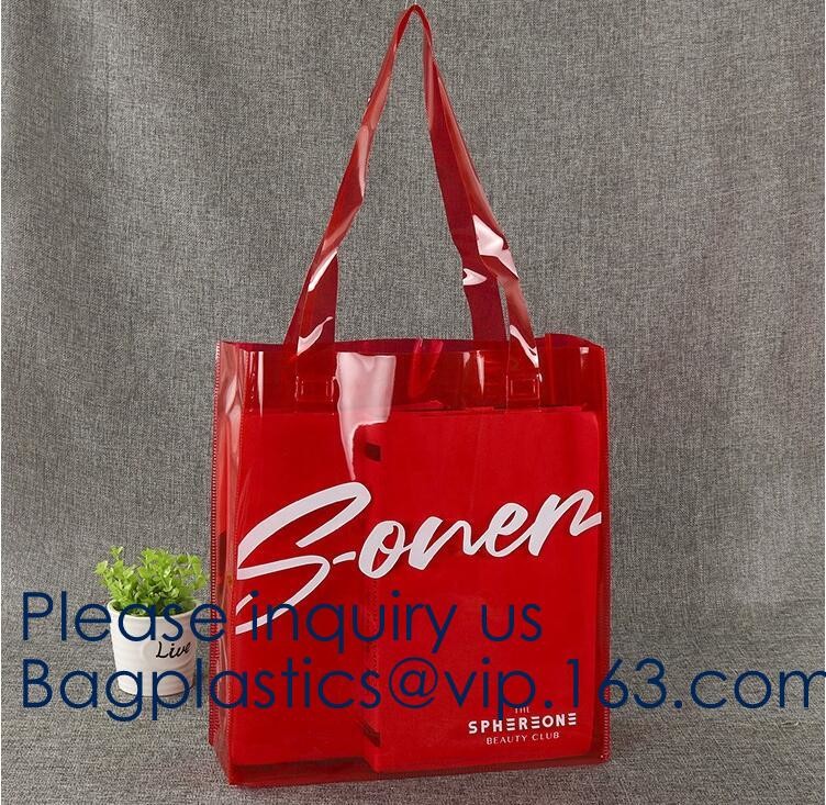 Transparent PVC Blanket Bag/Plastic Shopping Bag/Packaging Bag With Black Woven Trim And Webbing Handle, bagease, packag