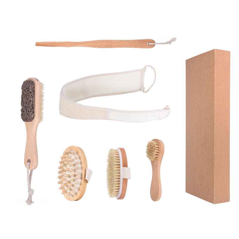 6pcs Organic Bamboo Long Handle Bath Brush Natural Boar Bristle