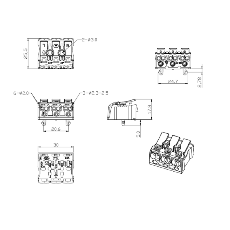 3 Pole Push Wire Connector Quick Terminal Block Suitable For Joining Solid Or Stranded Wires No Tools Needed