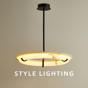 JYLINGTING Natural Alabaster Pendant Light Circular Chandelier Remote Control