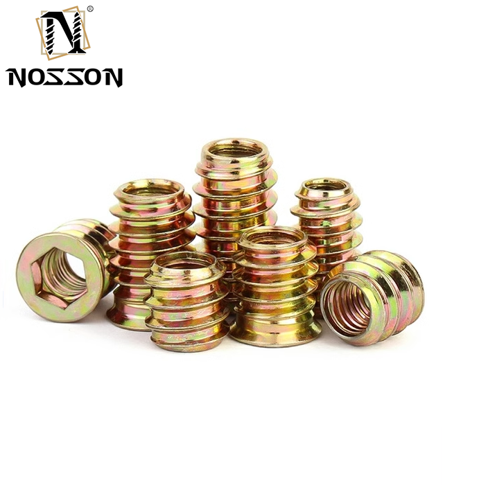 Professional Carbon Steel Hex Socket Thread Wood Nut Thread Inserts DIN Standard Cadmium Plated for Automotive Industry