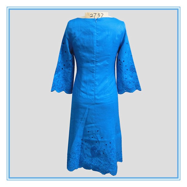 2016 Lady Popular Embroidery Cutwork 3/4 Sleeve Long Linen Dress