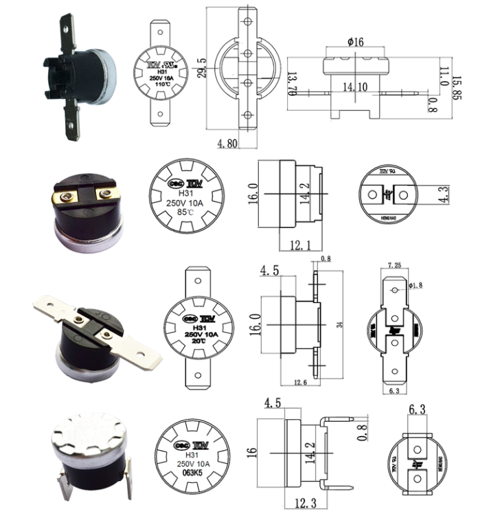 KSD Pin Type Metal Expansion Manual Reset KSD301 Bimetal Thermostat , Electric Appliances Thermal Cutoff Fuse