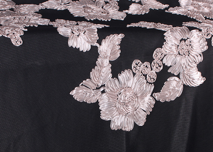 Fashion Chenille Embroidered Lace Fabric , Polyester Mesh Fabric For Dresses