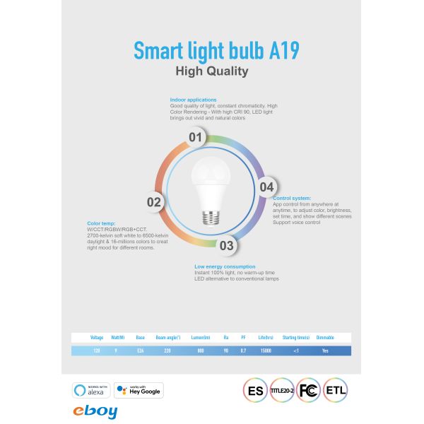 Color / Brightness Adjustable 9Watt 60mm 800LM A19 LED Bulbs