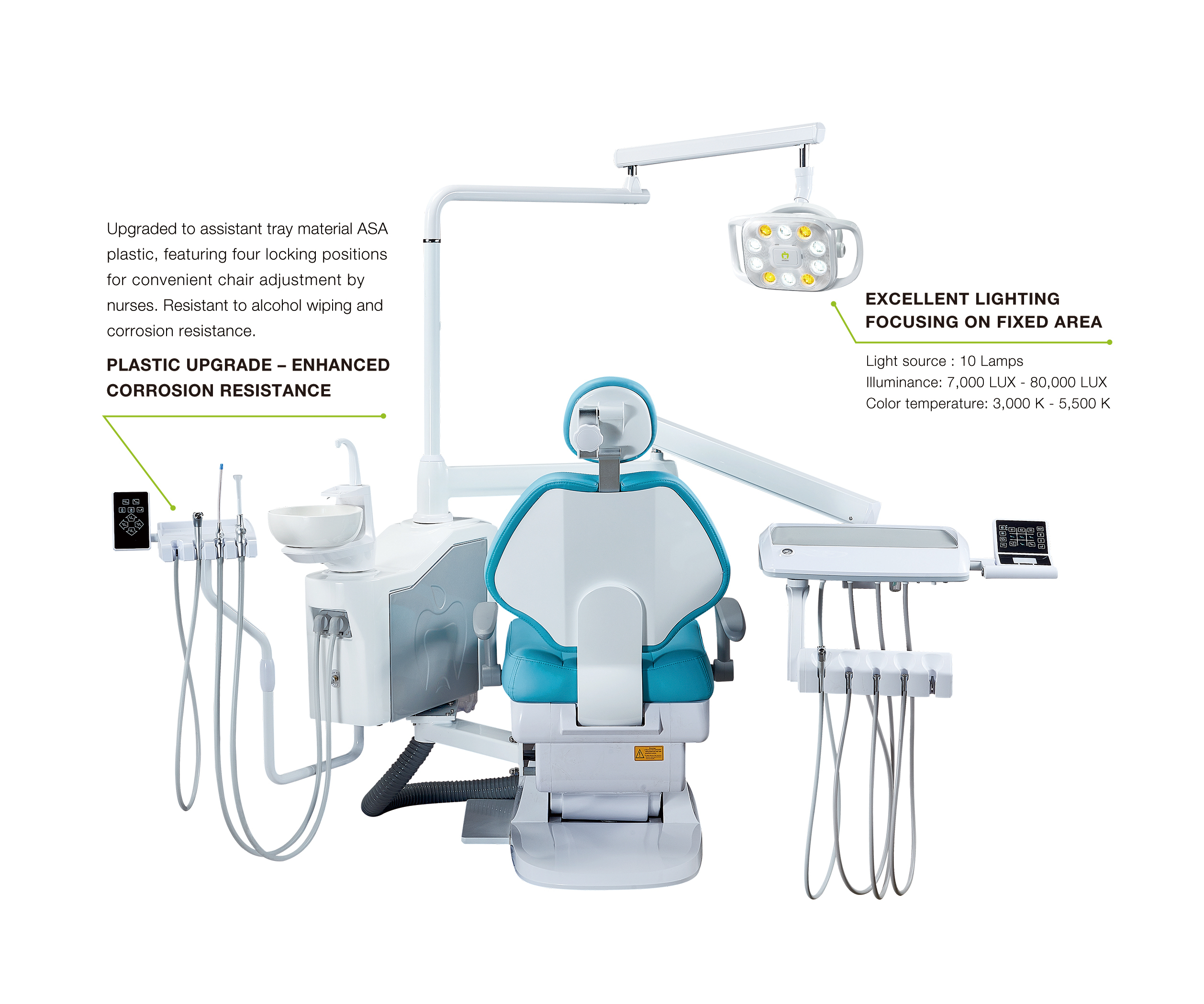 AP020 Dental Chair Unit with Corrosion Resistant ASA Plastic, Enhanced Lighting, and Ergonomic Design