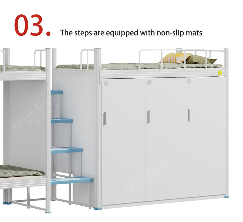 Dormitory Three Person Bed with Wardrobe, Safe Night Light Step Ladder, High Guardrail, Bed Curtain, School Dormitory Bed