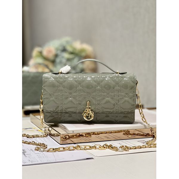 Branded Lady Dior Patent Clutch Small Pearl Black Flip Closure