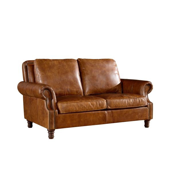 Retro Crack 2 Seater Chocolate Brown Leather Sofa Brass Nails Full Handwork Craft