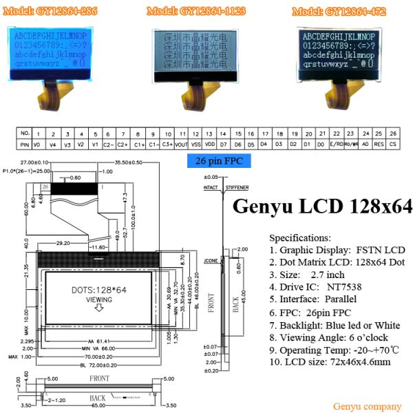 128x64 Fstn COG LCD Display Module I2c Spi St7567 26pin Screen Monochrome Display 12864 Mono LCD Graphic Display ST7567 or UC1701