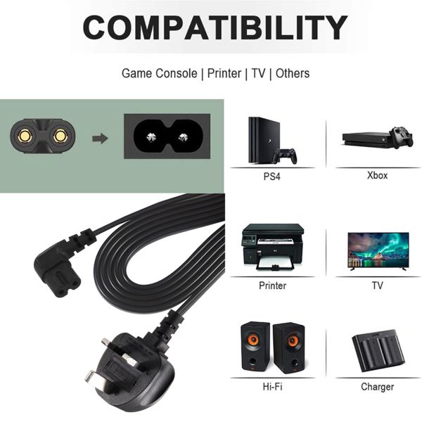 UK Plug to IEC C7 Power Cord 1m Pure Copper PVC Jacket