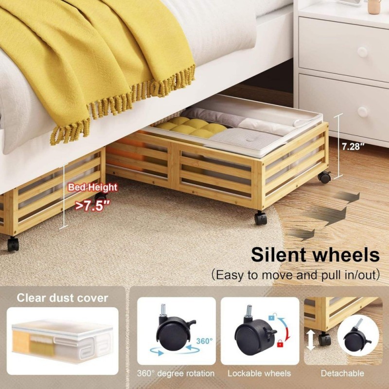 Foldable Under Bed Storage Organizer Drawer Bamboo With Wheels