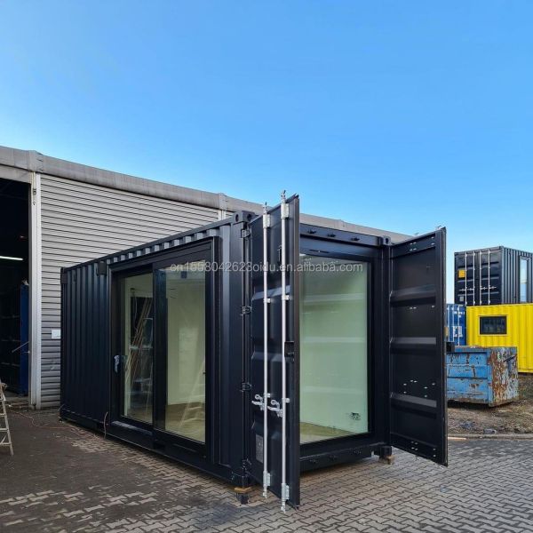 One Bedroom Hotel Black Shipping Container House Steel Door Luxury 20ft Prefabricated Wooden Houses with Kitchen and Bathroom