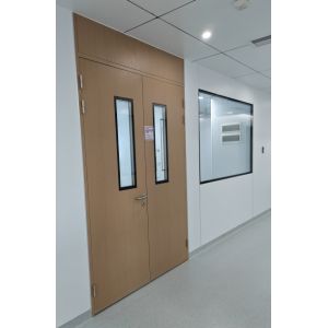Wooden Grain Steel Double Cleanroom Swing Door Hospital Metal Doors With Glass